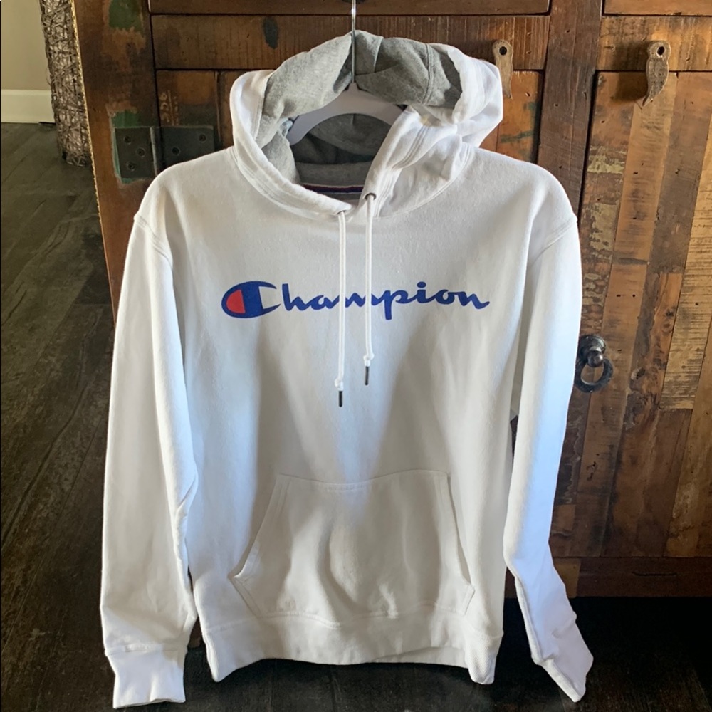 Champion White and Blue Sweater with Hood and Drawstring